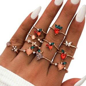 Goldtone Crystal and CZ Strawberry Ring Set (11)